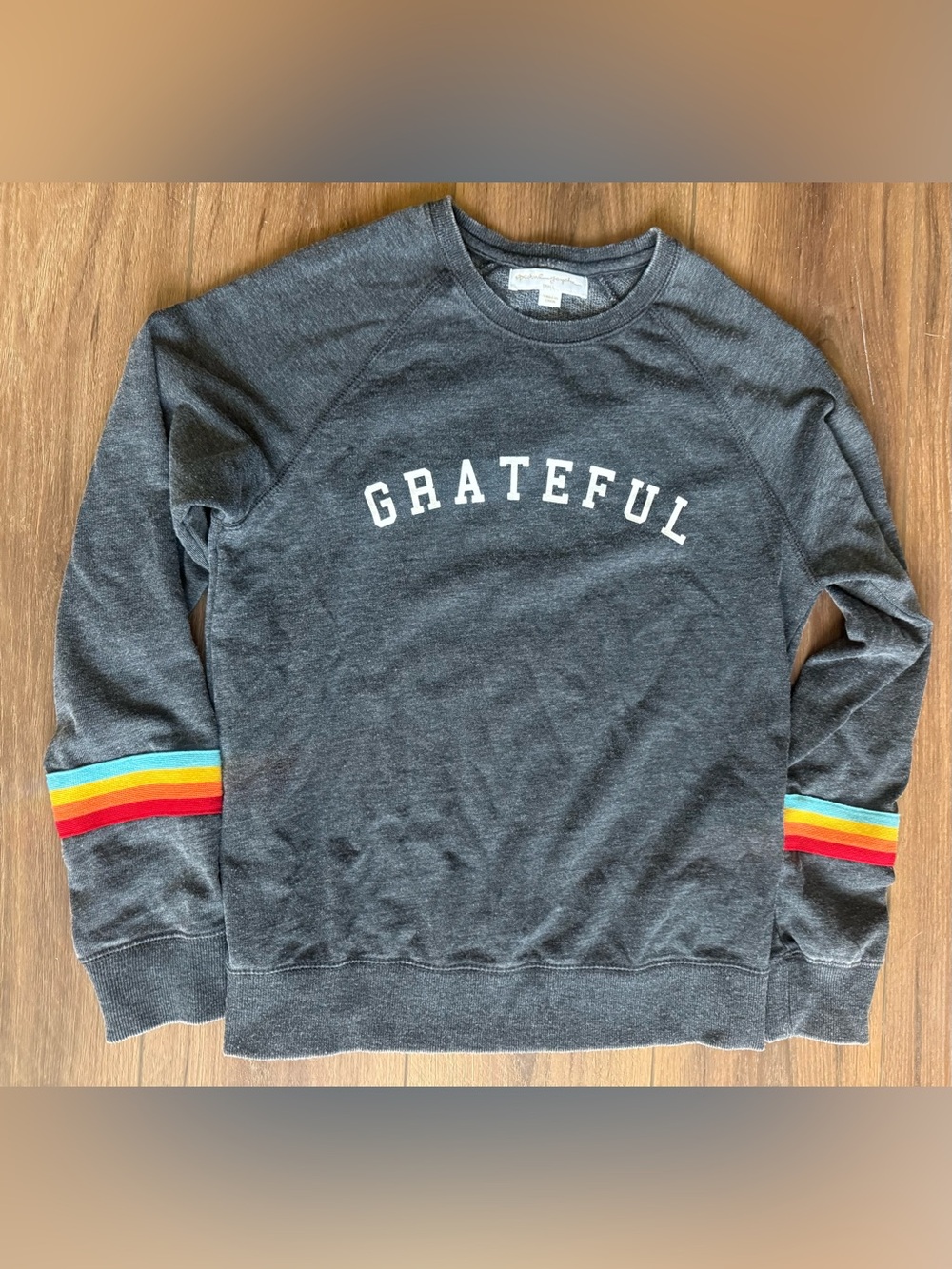 Spiritual Gangster Womens Grateful Rainbow Stripe Raglan Sweatshirt Grey Small
